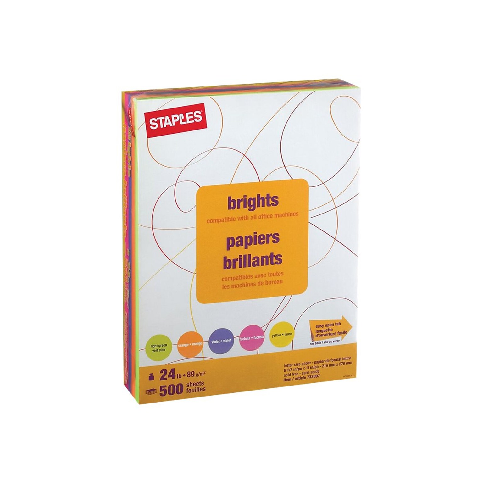 Staples Brights Multipurpose Colored Paper, 24 lbs., 8.5 x 11, Assorted Neon, 500/Ream (20201)