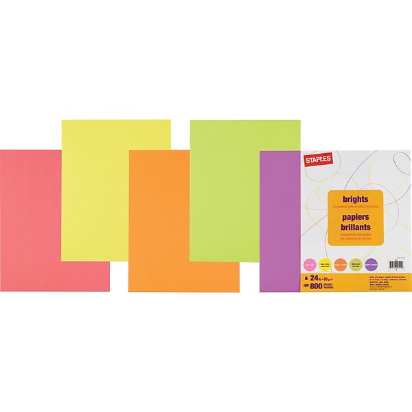 Staples Brights Multipurpose Colored Paper, 24 lbs., 8.5 x 11, Multicolor, 800 Sheets/Ream (25492)