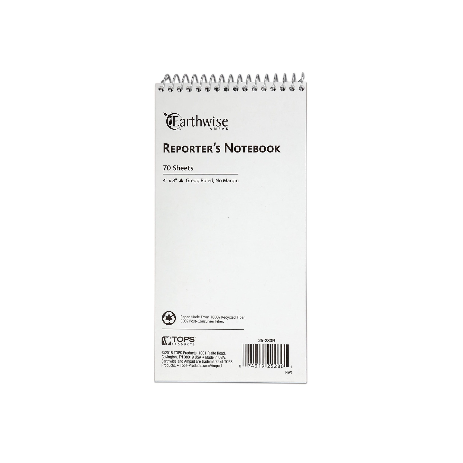 Ampad Earthwise Notepad, 4 x 8, Gregg, White, 70 Sheets/Pad, (TOP25-280R)