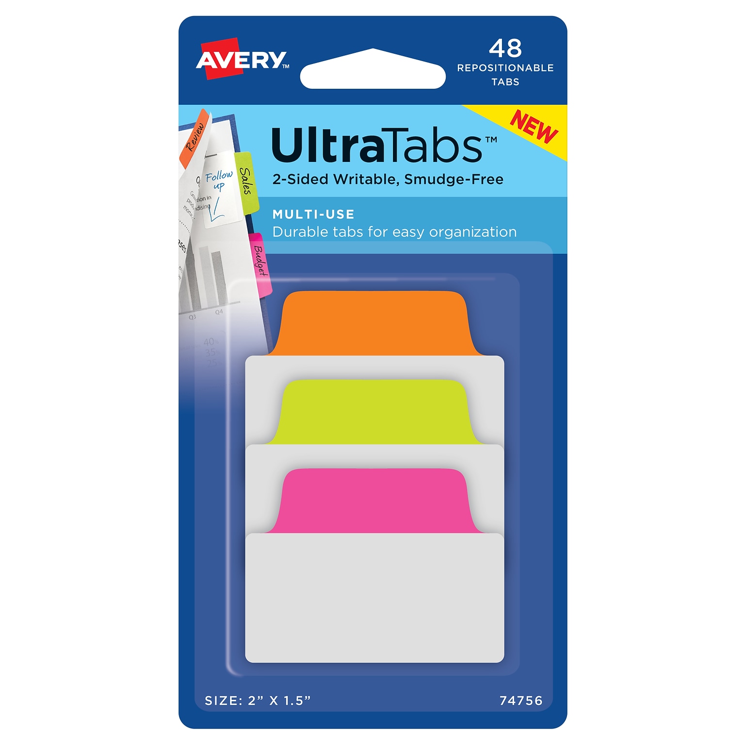 Avery Ultra Tabs, Neon, 2 x 1-1/2, Pack of 48 Repositionable, Two-Sided Writable Tabs (74756)