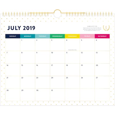 2019-2020 Simplified 14 7/8 x 11 7/8 Academic Monthly Wall Calendar, 12 Months, July Start, Gold Dot (El200-707a-20)