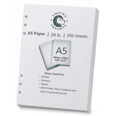 Empire Imports Punched Paper, A5 Size 6-Hole, 250 Sheets, 24 lb., White, Ream(A56HR)