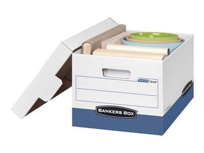 Bankers Box R-Kive® Heavy-Duty FastFold File Storage Boxes, Lift-Off Lid, Letter/Legal Size, White/Blue, 12/Carton (07243)