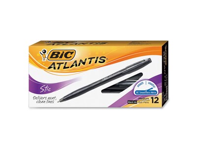 BIC Atlantis Stick Ballpoint Pens, Medium Point, Black Ink, Dozen (14783)