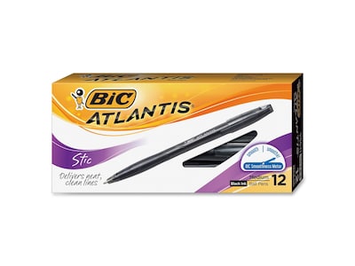 BIC Atlantis Stick Ballpoint Pens, Medium Point, Black Ink, Dozen (14783)