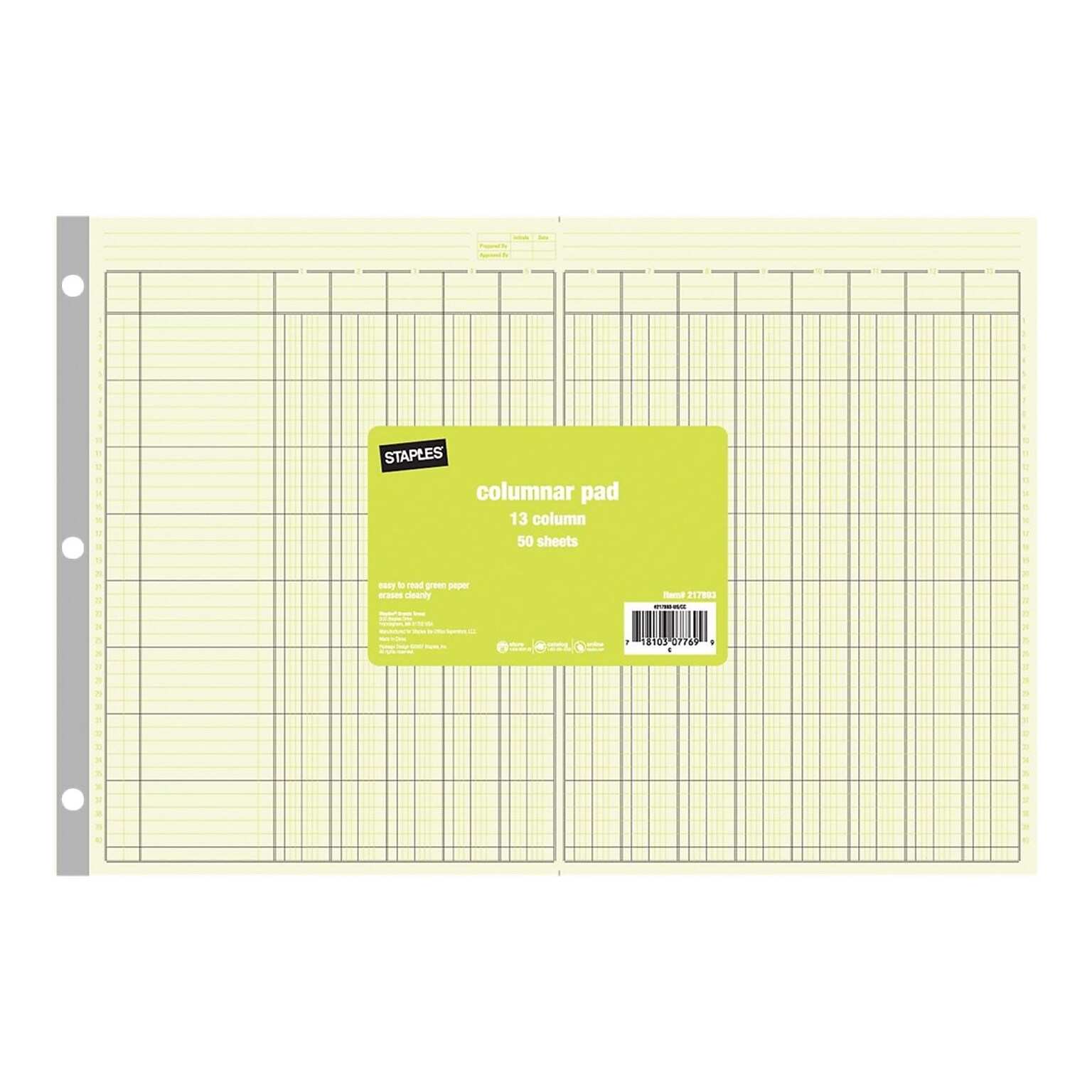 Staples 13 Columns Columnar Book, 16.31W x 11H, Green (217893)