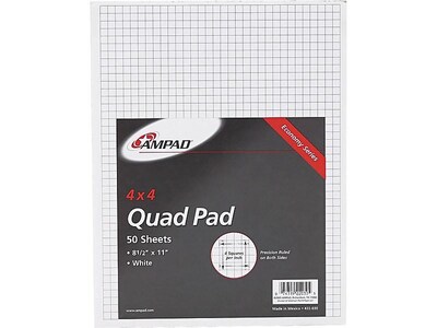 Ampad Notepad, 8.5" x 11", Quad Ruled, White, 50 Sheets/Pad (TOP22-030C)