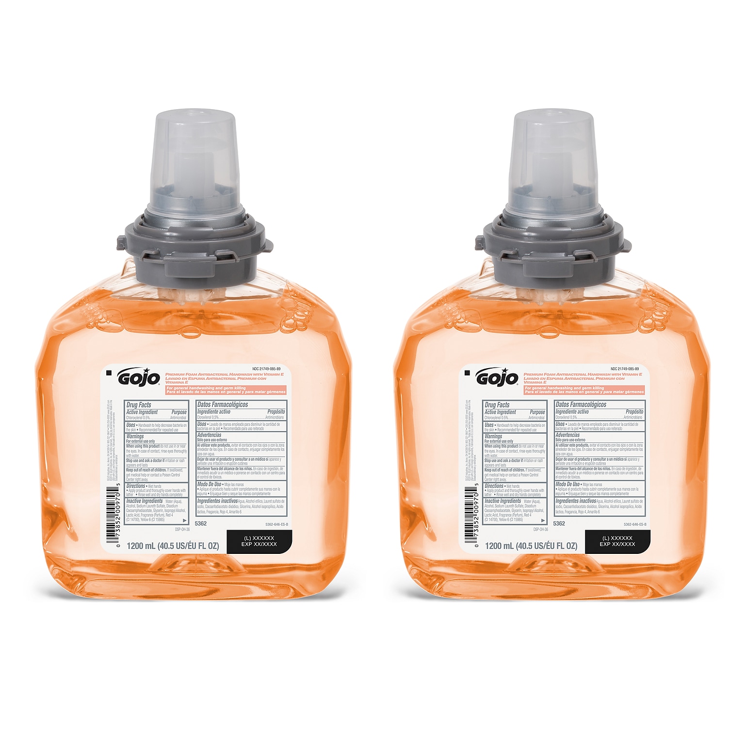GOJO Premium Antibacterial Foaming Hand Soap Refill for TFX Dispenser, Fresh Fruit Scent, 1200 ml, 2/Carton (5362-02)