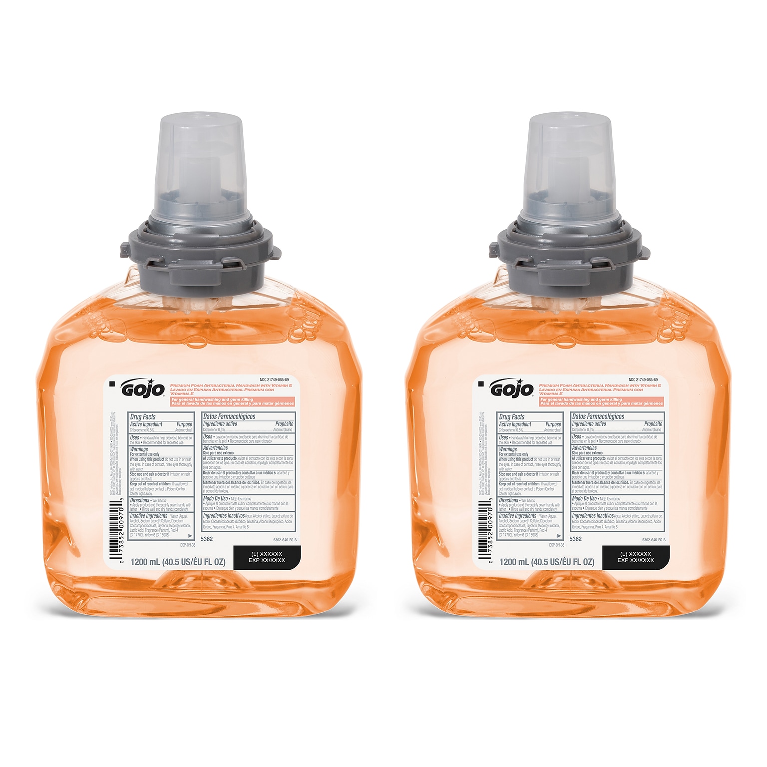 GOJO TFX Antibacterial Foaming Hand Soap Refill for TFX Dispenser, Fresh Fruit Scent, 2/Carton (5362-02)