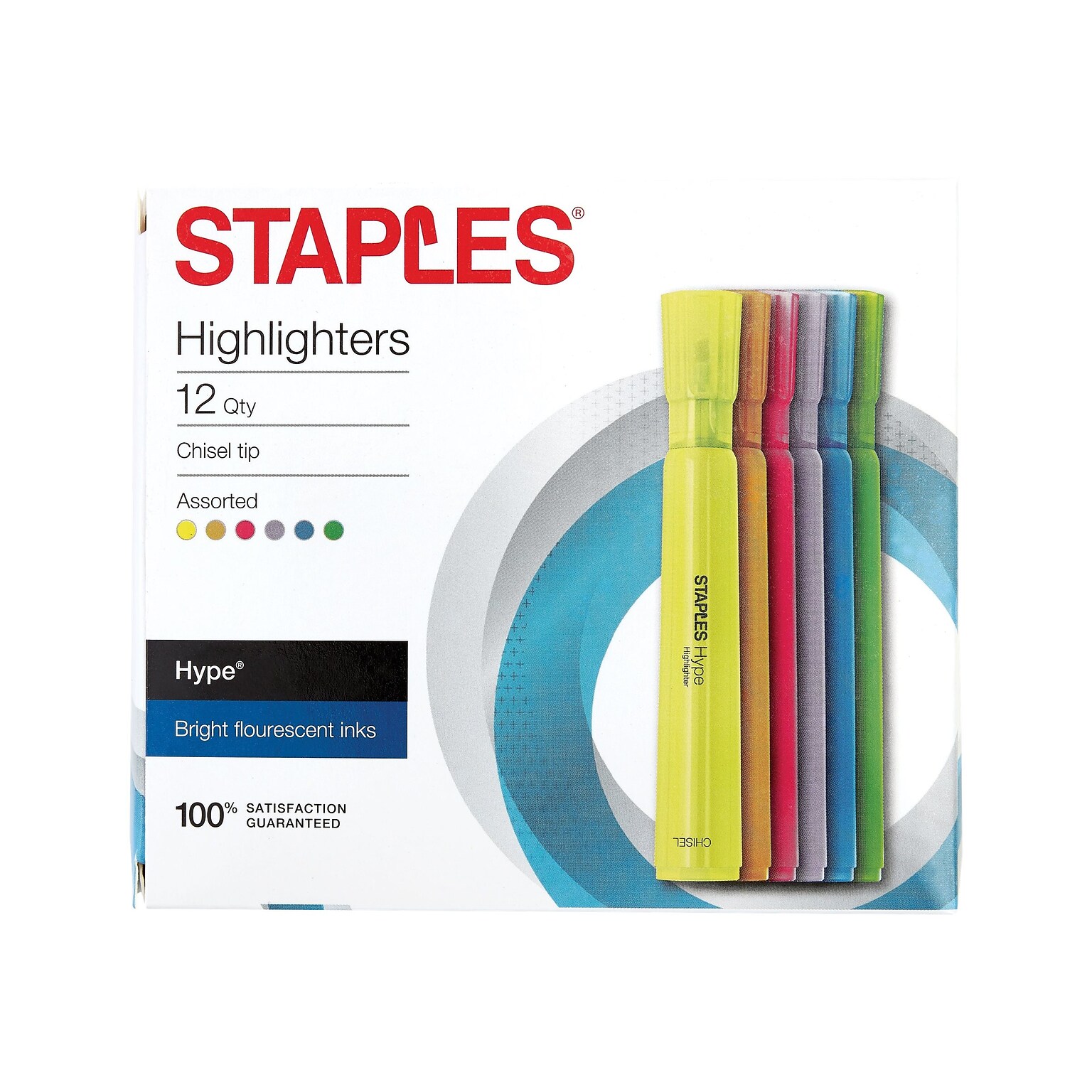 Staples Hype Tank Highlighters, Chisel Tip, Assorted, Dozen (29204-CC)
