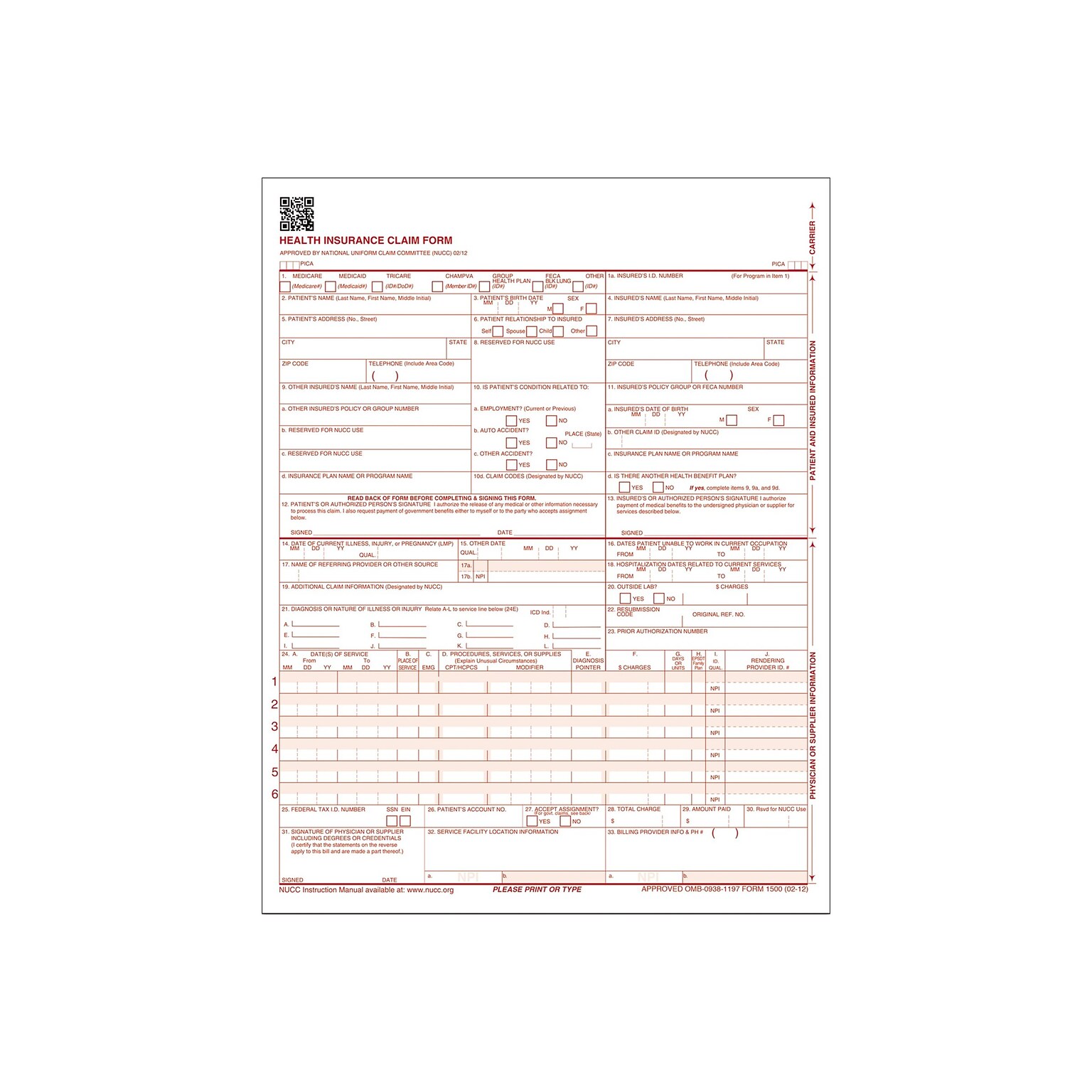 Adams CMS-1500 1 Part Health Insurance Claims, 100/Pack (ABF CMS1500L1V)