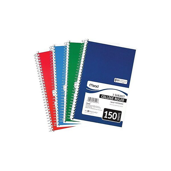 Mead Spiral 3-Subject Notebook, 5.5 x 9.5, College Ruled, 150 Sheets, Assorted Colors (06900)