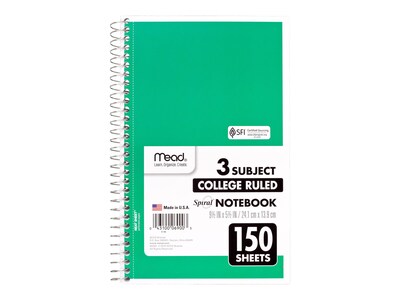 Mead 3-Subject Notebooks, 6" x 9.5", College Ruled, 150 Sheets, Assorted Colors, 12/Carton (06900CT)