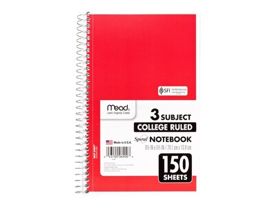 Mead 3-Subject Notebooks, 6" x 9.5", College Ruled, 150 Sheets, Assorted Colors, 12/Carton (06900CT)