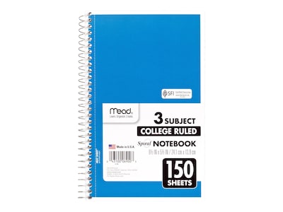Mead 3-Subject Notebooks, 6" x 9.5", College Ruled, 150 Sheets, Assorted Colors, 12/Carton (06900CT)