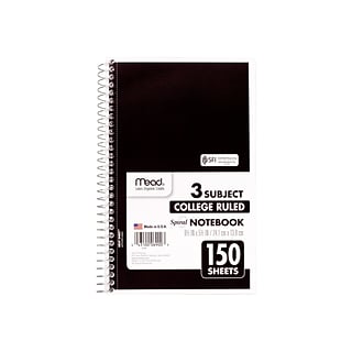 Mead Spiral 3-Subject Notebook, 6 x 9.5, College Ruled, 150 Sheets, Assorted, 12/Carton (06900)