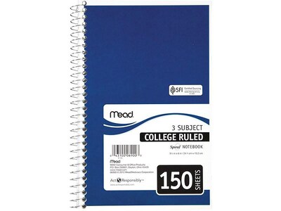 Mead Spiral 3-Subject Notebooks, 5.5" x 9.5", College Ruled, 150 Sheets, Assorted Colors (06900)
