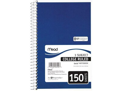 Mead Spiral 3-Subject Notebooks, 5.5" x 9.5", College Ruled, 150 Sheets, Each (06900)