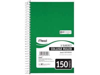 Mead Spiral 3-Subject Notebooks, 5.5" x 9.5", College Ruled, 150 Sheets, Assorted Colors (06900)