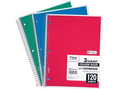 Mead Spiral 3-Subject Notebooks, 8.5" x 11", College Ruled, 120 Sheets, Assorted Colors, Each (06710)