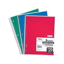Mead Spiral 3-Subject Notebooks, 8.5 x 11, College Ruled, 120 Sheets, Assorted Colors, Each (06710