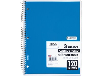 Mead Spiral 3-Subject Notebooks, 8.5" x 11", College Ruled, 120 Sheets, Assorted Colors, Each (06710)