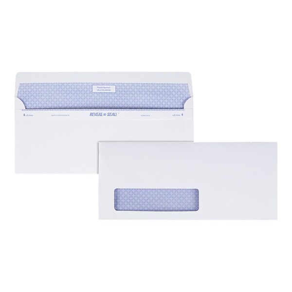 Quality Park Reveal-N-Seal Security Tinted #10 Window Envelope, 4 1/8 x 9 1/2, White Wove, 500/Box (67418)
