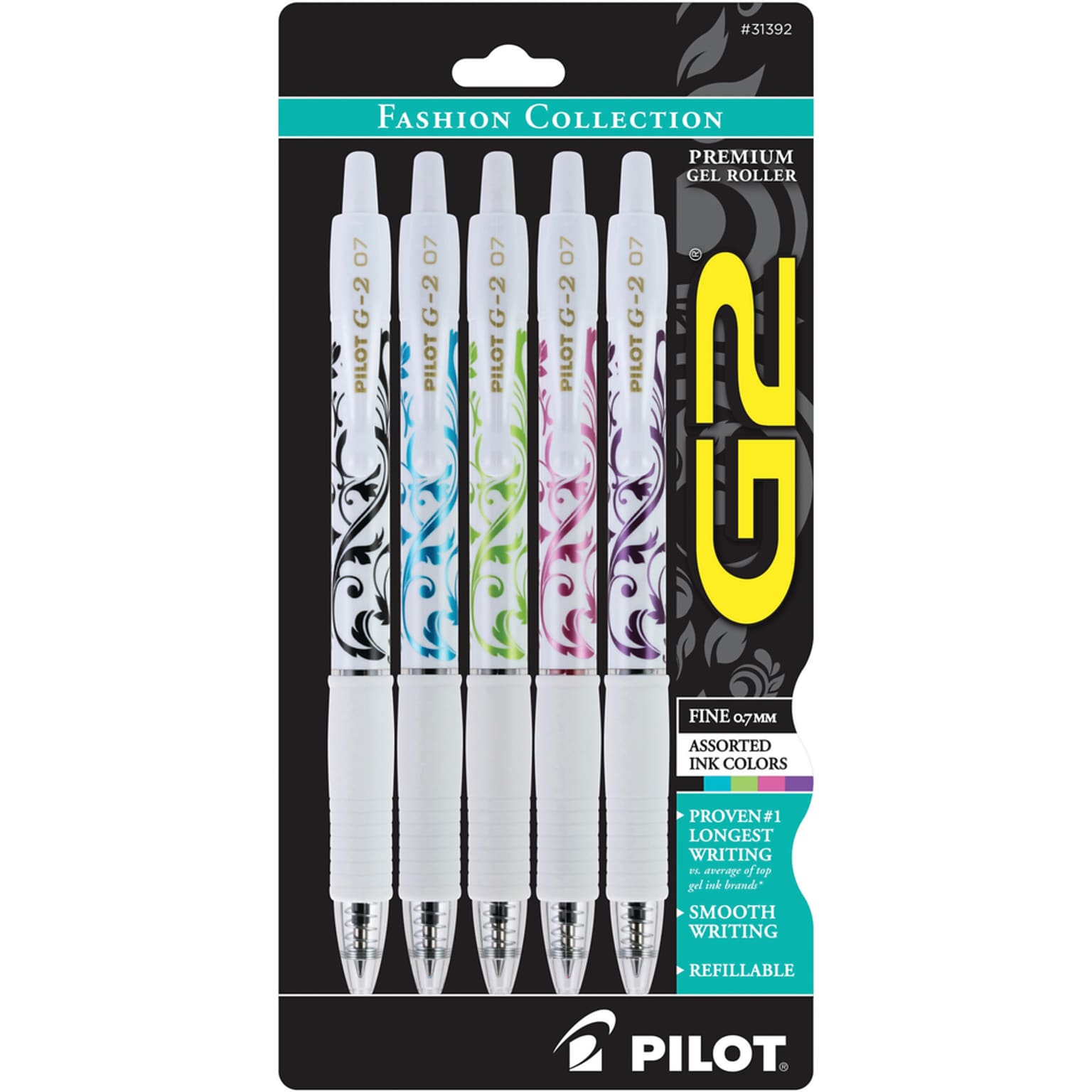 Pilot G2 Fashion Collection Retractable Gel Pens, Fine Point, Assorted Ink, 5/Pack (31392)