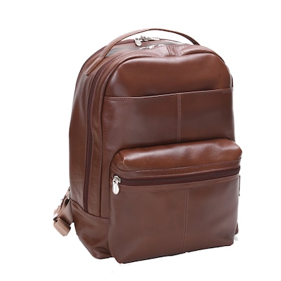 Mcklein Leather Dual Compartment Laptop Backpack, Parker, Pebble Grain Calfskin Leather, Brown (8855