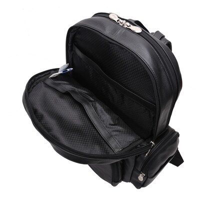 Mcklein Leather Dual Compartment Laptop Backpack, Cumberland, Pebble Grain Calfskin Leather, Black (88365)