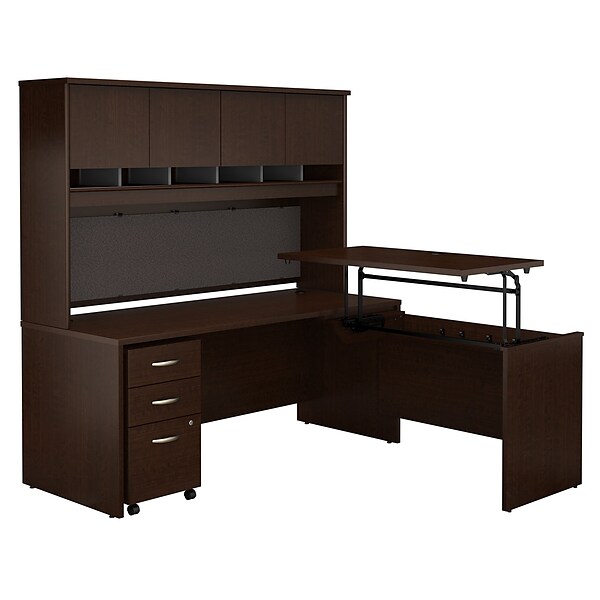 Bush Business Furniture Westfield 72W x 30D 3 Position Sit to Stand L Desk w/ Hutch and File Cabinet, Mocha Cherry (SRC124MRSU)