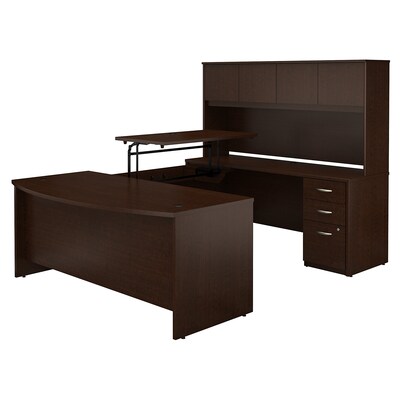 Bush Business Furniture Westfield Elite 72W x 36D Sit to Stand Bow Front U Shaped Desk with Hutch and File Cabinet, Mocha Cherry