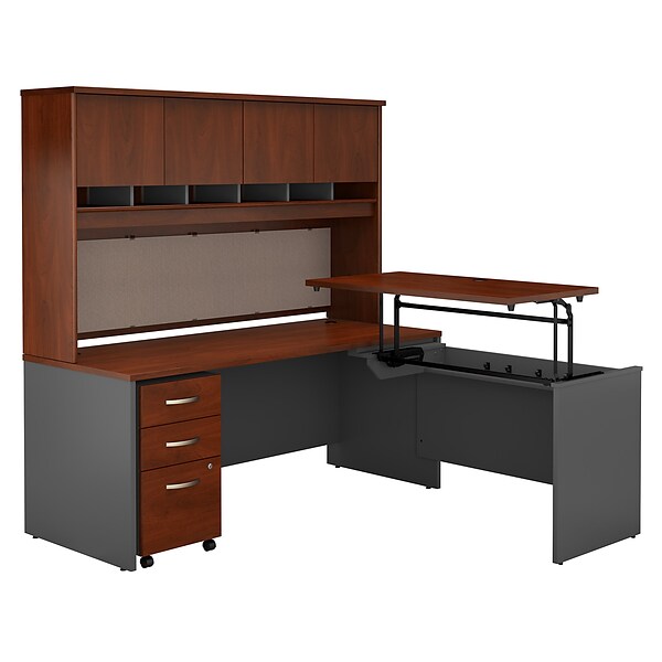 Bush Business Furniture Westfield 72W x 30D 3 Position Sit to Stand L Desk w/ Hutch and File Cabinet, Hansen Cherry (SRC124HCSU)