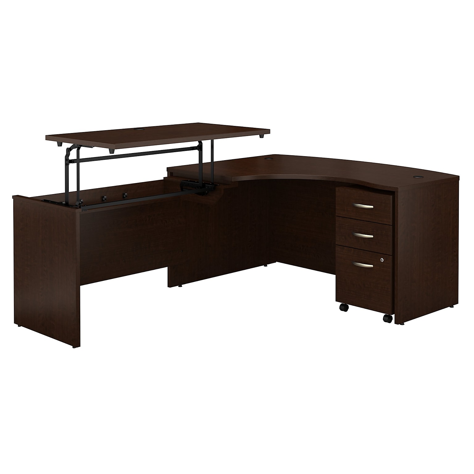 Bush Business Furniture Westfield 60W Left Hand 3 Position Sit to Stand L Desk w/ File Cabinet, Mocha Cherry (SRC127MRSU)