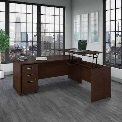 Bush Business Furniture Westfield 72W 3 Position Bow Front Sit to Stand L Desk w/ File Cabinet, Moc