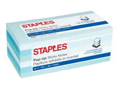Staples Pop-Up Sticky Notes, 3 x 3, Ocean Views Collection, 100 Sheets/Pad, 12 Pads/Pack (S-33WCP1