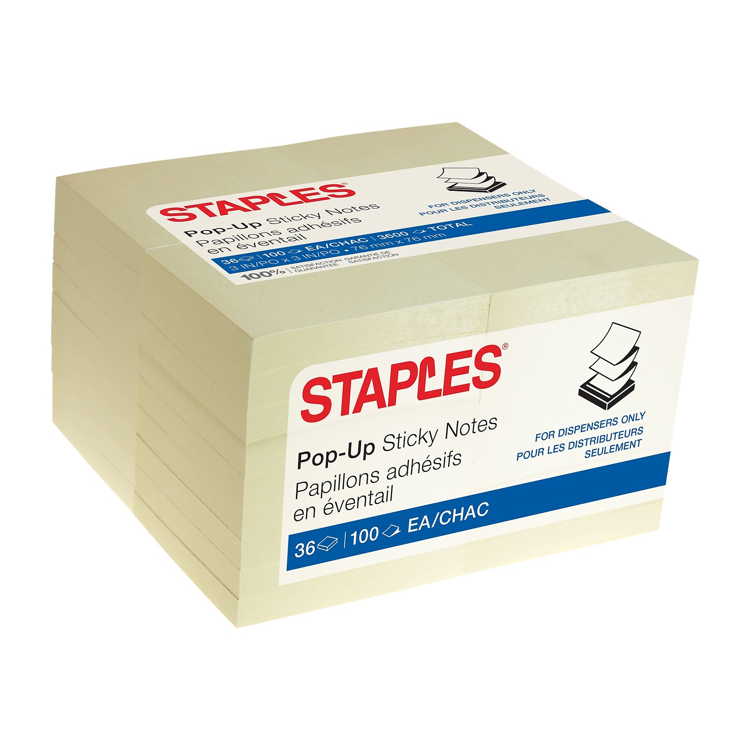 Staples® Recycled Pop-up Notes, 3 x 3, Sunshine Collection, 100 Sheet/Pad, 36 Pads/Pack (S-33YRP36)