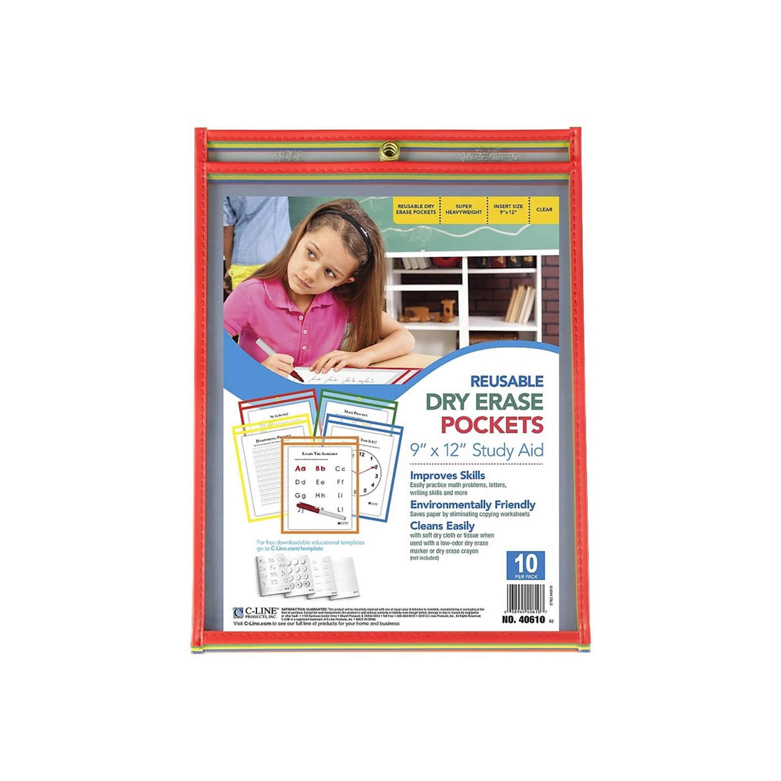 C-Line 9 x 12 Reusable Dry Erase Pockets, Assorted Colors, 10/Pack (CLI40610)