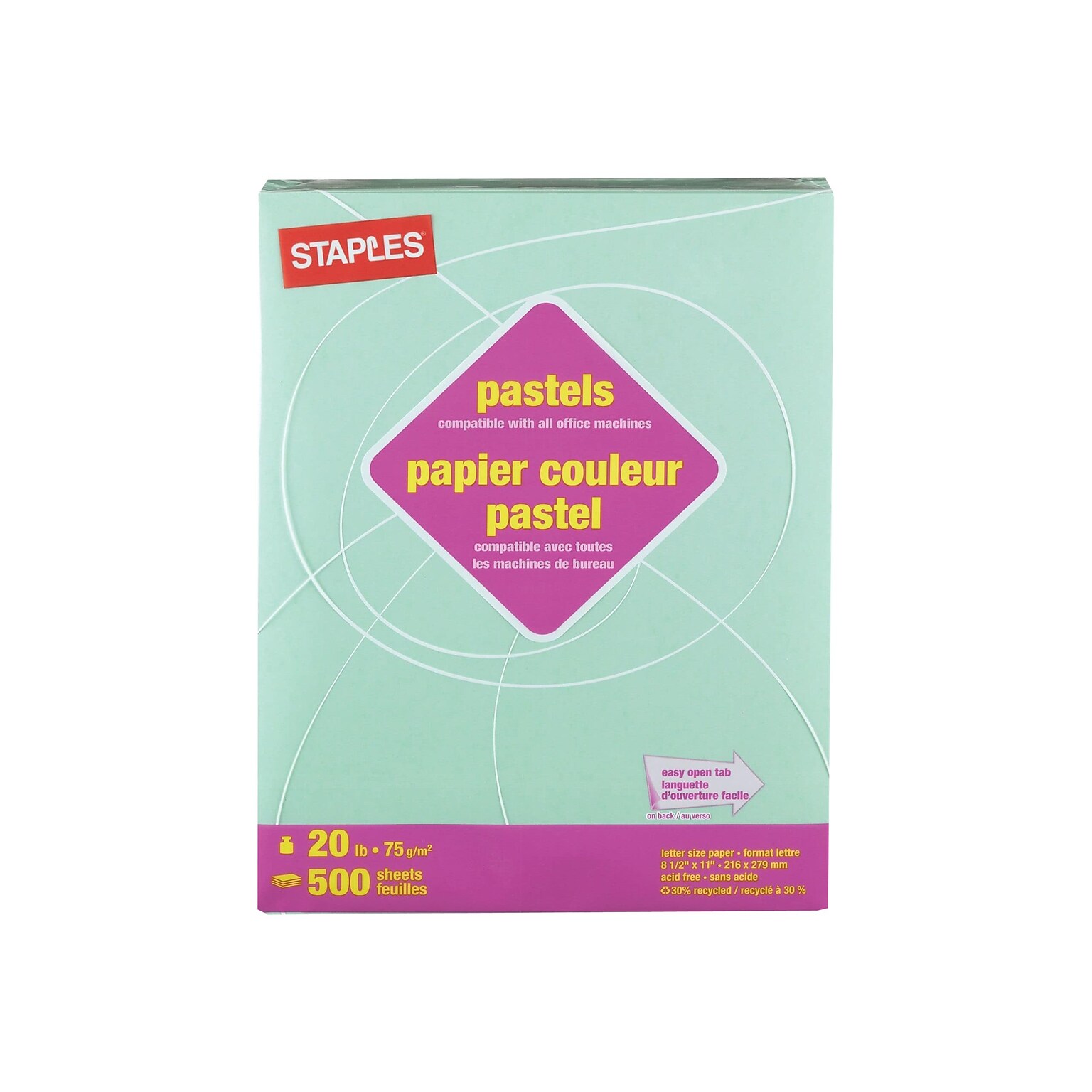 Staples Pastel 30% Recycled Colored Paper, 20 Lbs., 8.5 x 11, Green, 5000/Carton (14781-AA)