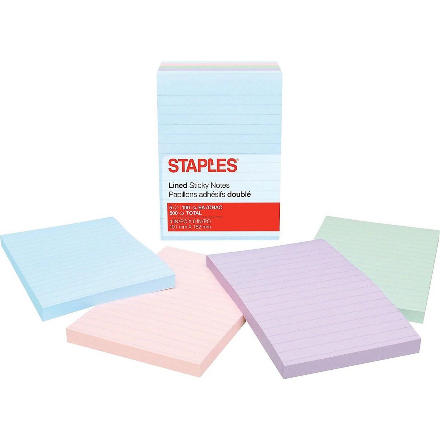 Staples Stickies Standard Notes, 4 x 6 Assorted, 100 Sheets/Pad, 5 Pads/Pack (S-46WC5/52573)