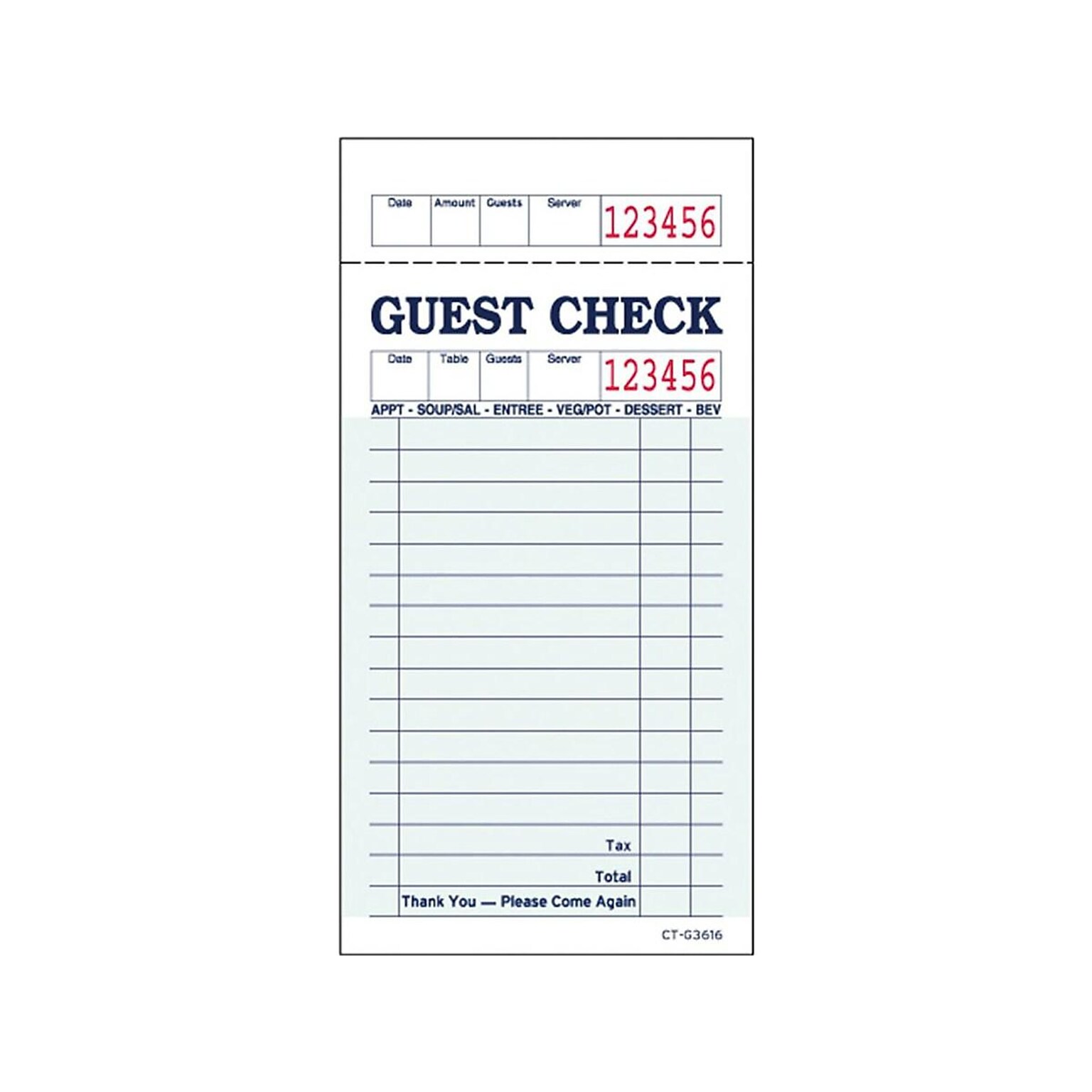 Alliance Green Guest Checks, Paperboard, 50/Carton (361601)