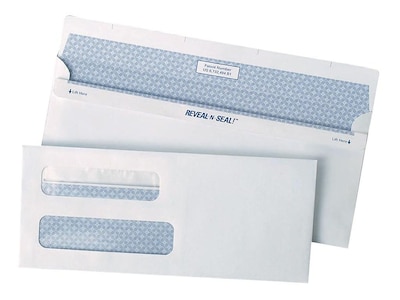 Reveal-n-Seal Self-Sealing Security Tinted Double Window #8 5/8 Envelopes, 3 5/8&quot; x 8 5/8&quot;, White, 5