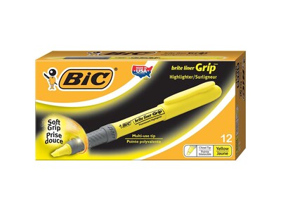 BIC Brite Liner Grip Stick Highlighters, Chisel, Yellow, Dozen (31255)