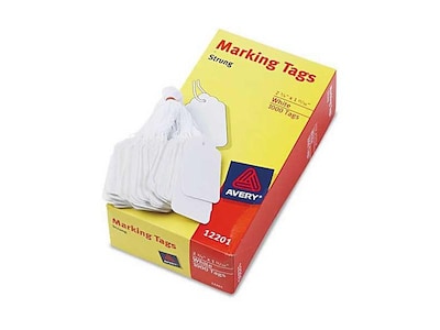 1-3/32 x 1-3/4 White Merchandise Tags - Pre-Strung (White String) - 1000  Per Case