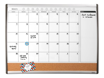 Staples® 2W x 1.5H Magnetic Cork & Dry Erase Calendar Whiteboard, Black/Silver Frame (52487/28214)