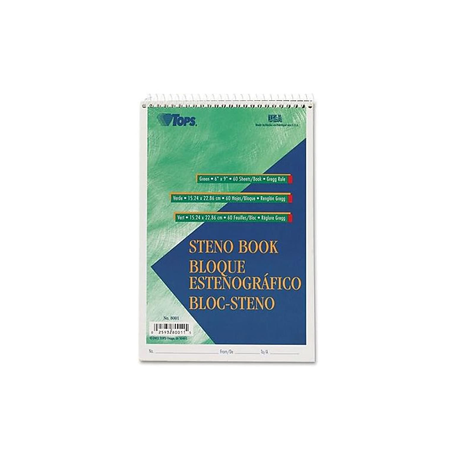 TOPS Steno Pad, 6 x 9, Gregg Ruled, Green tint, 60 Sheets/Pad (TOP 8001)