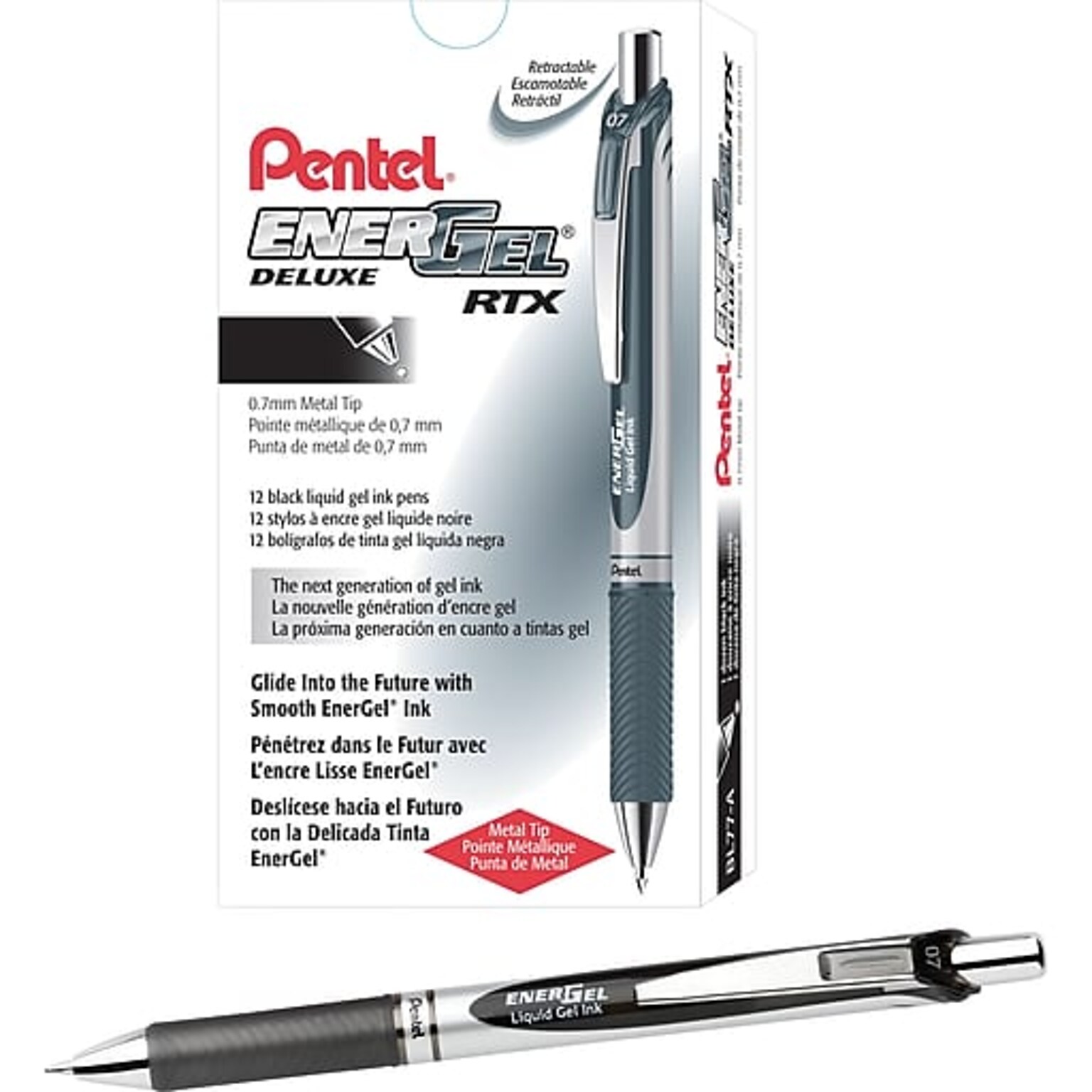 Pentel EnerGel RTX Retractable Gel Pens, Medium Point, 0.7mm, Black Ink, Dozen (BL77A)