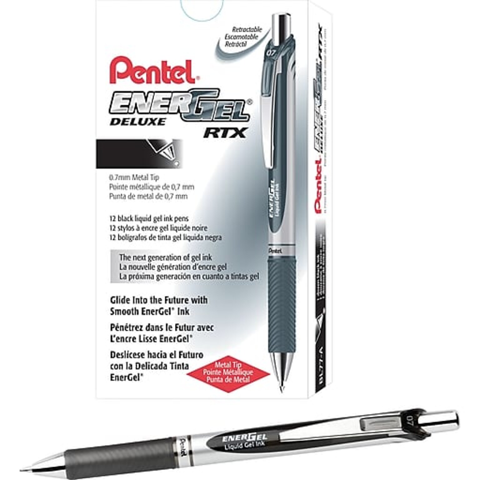 Pentel EnerGel RTX Retractable Gel Pens, Medium Point, Black Ink, Dozen (BL77-A)