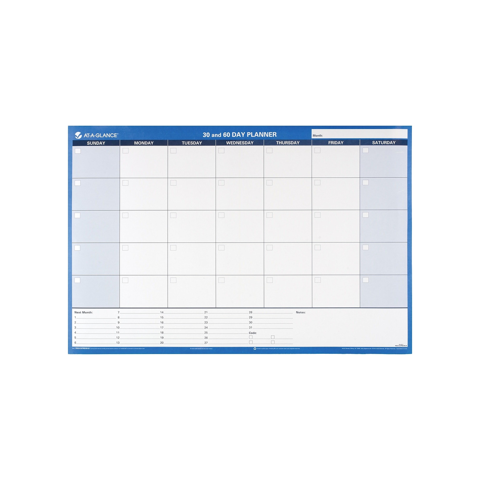 AT-A-GLANCE 30-60 Day 24H x 36W Dry Erase Monthly Wall Calendar, Blue (PM233 28)