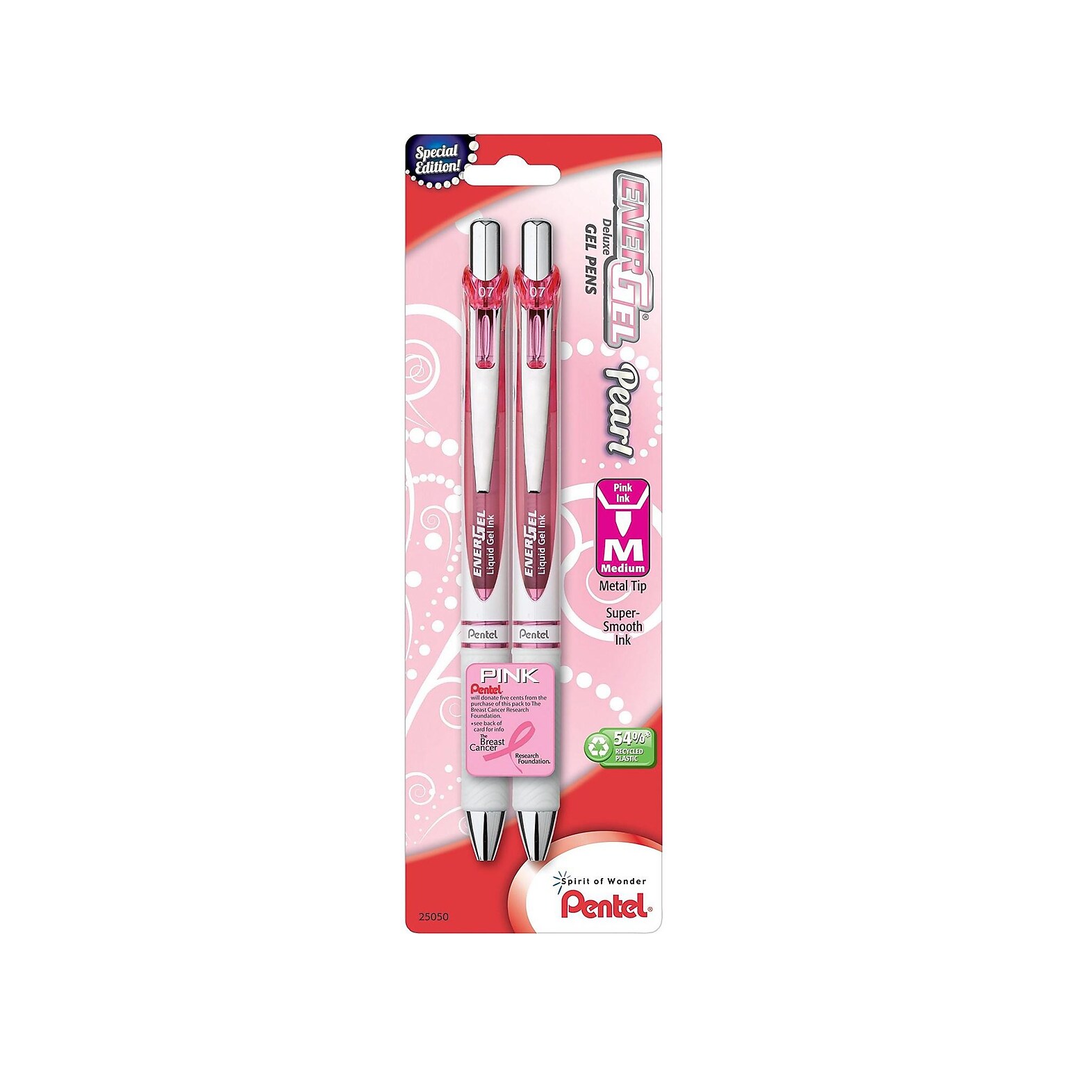 Pentel EnerGel Pearl Deluxe RTX Retractable Gel Pens, Medium Point, Pink Ink, 2 Pack (BL77WBP2PP)